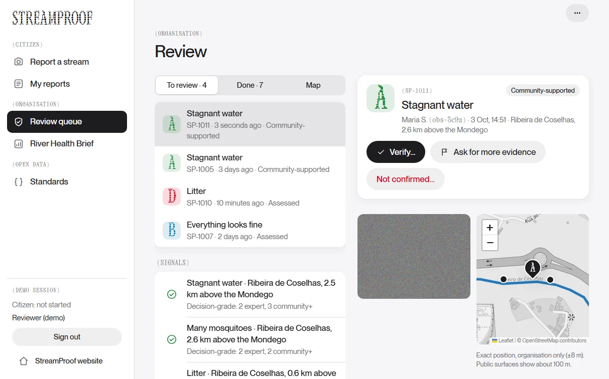 StreamProof review queue with a report open